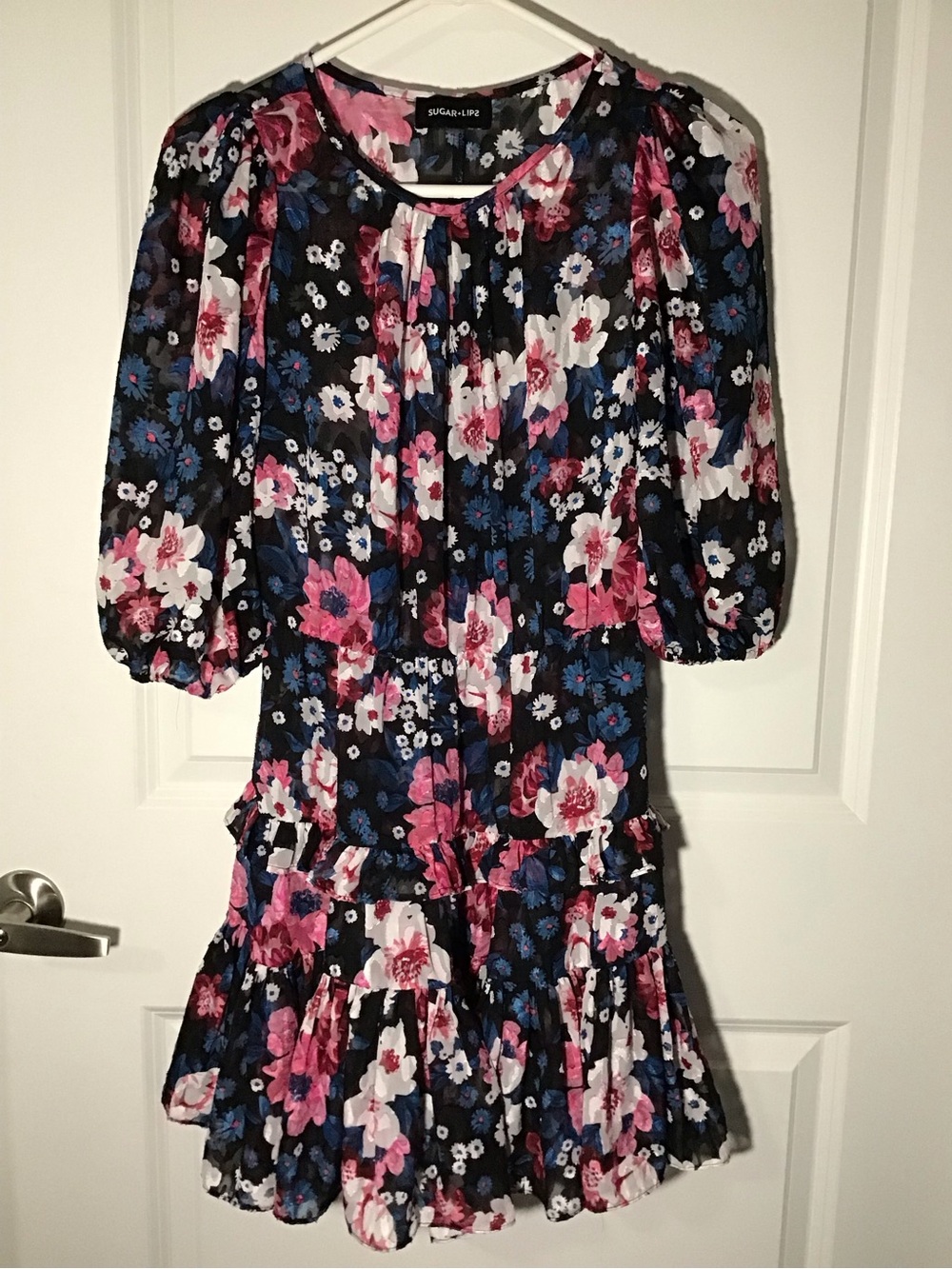 Sugar Lips Black Floral Puff-Sleeve Tiered Dress with Pink & Blue Blooms XS